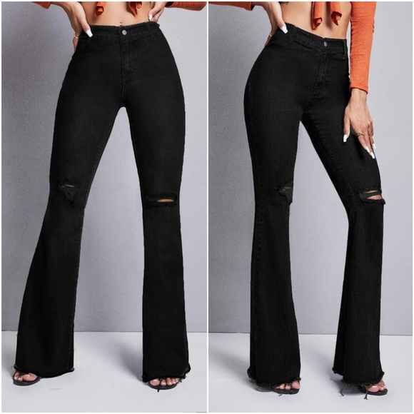 Black High Waisted Distressed Bell Bottom Denim Jeans - Picture 3 of 3